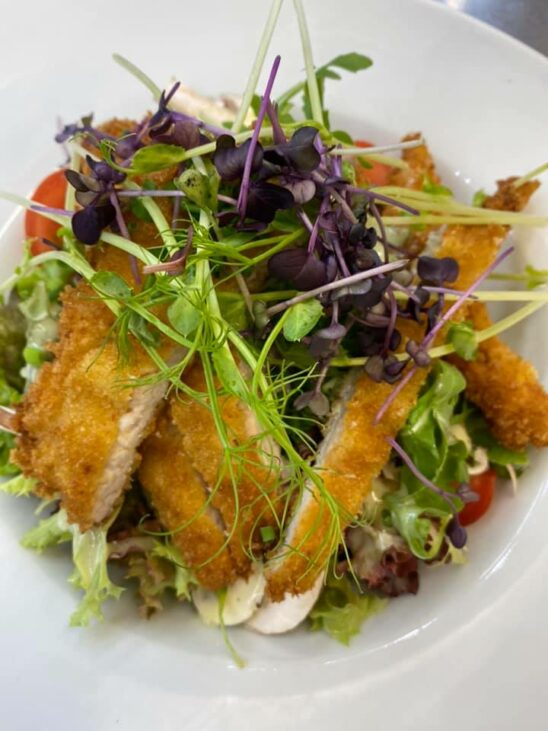 Pfannenschnitzel-Streifen auf buntem Salat-Teller